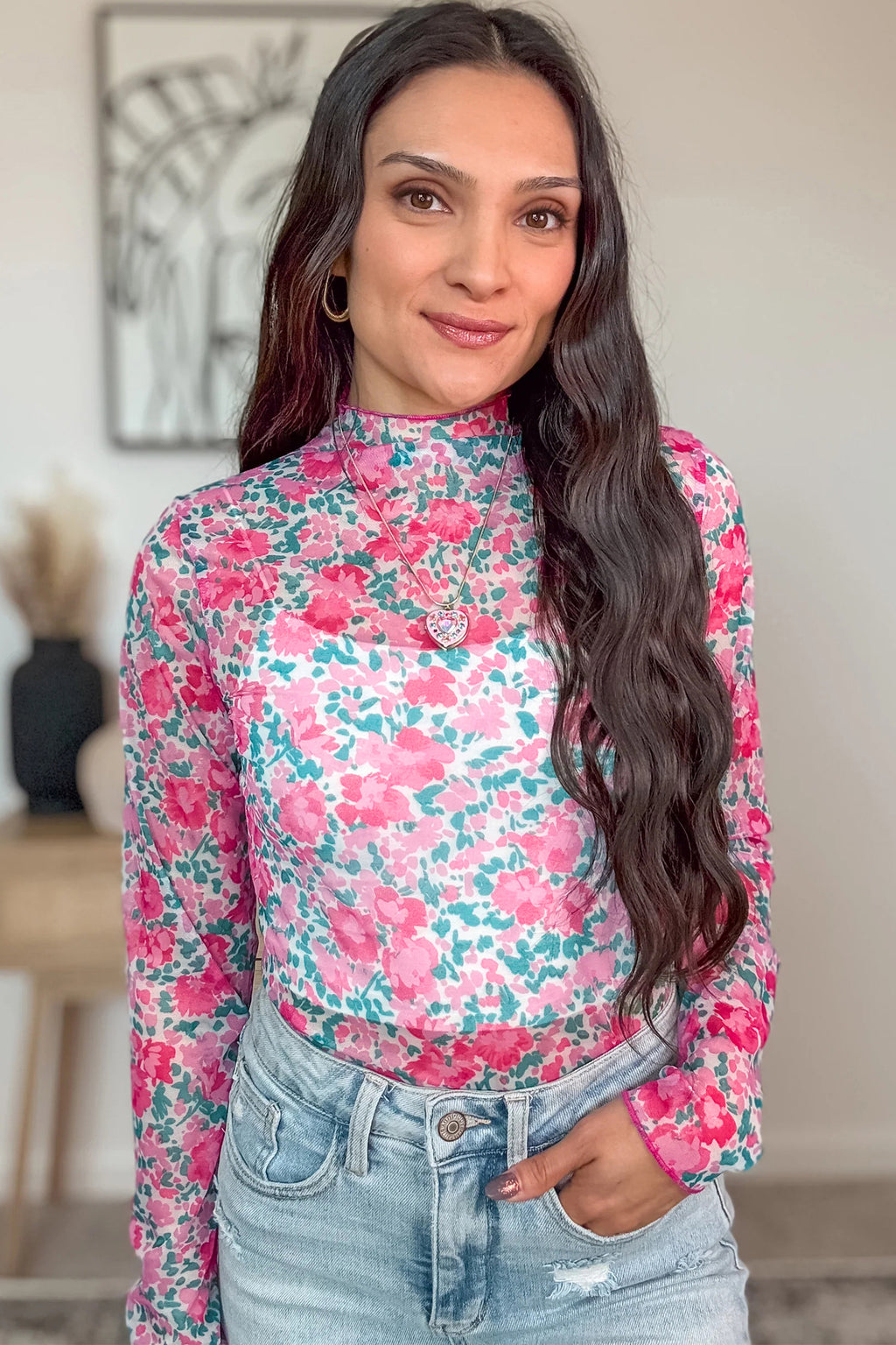 Rose Slim Fit Floral Mesh Long Sleeve Mock Neck Top