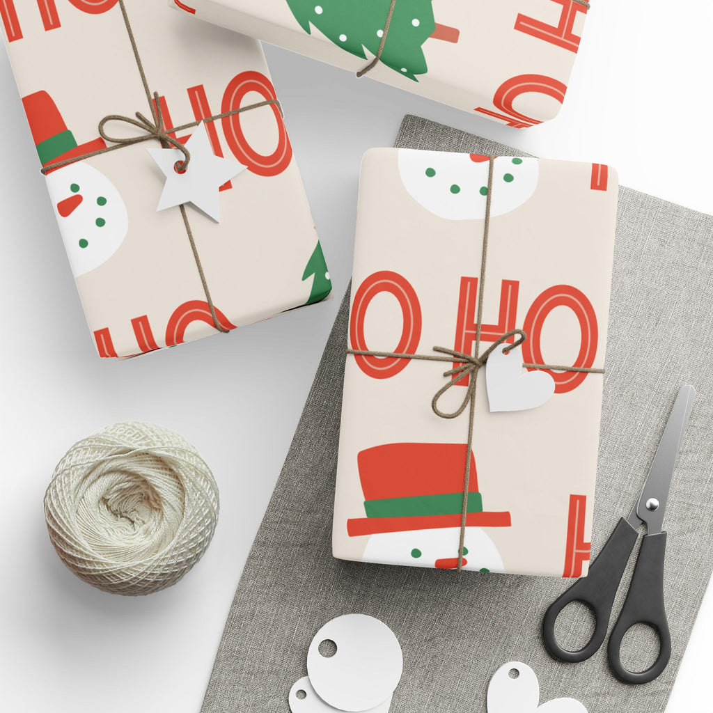 Christmas Wrapping Paper – 'HO HO HO' Snowman & Tree Holiday Gift Wrap