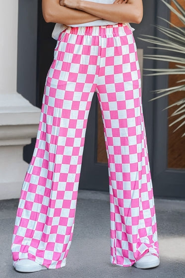 Checkered Print High Waist Wide Leg Pants