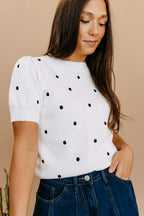 Chestnut Elegant Polka Dot Bubble Short Sleeve Sweater