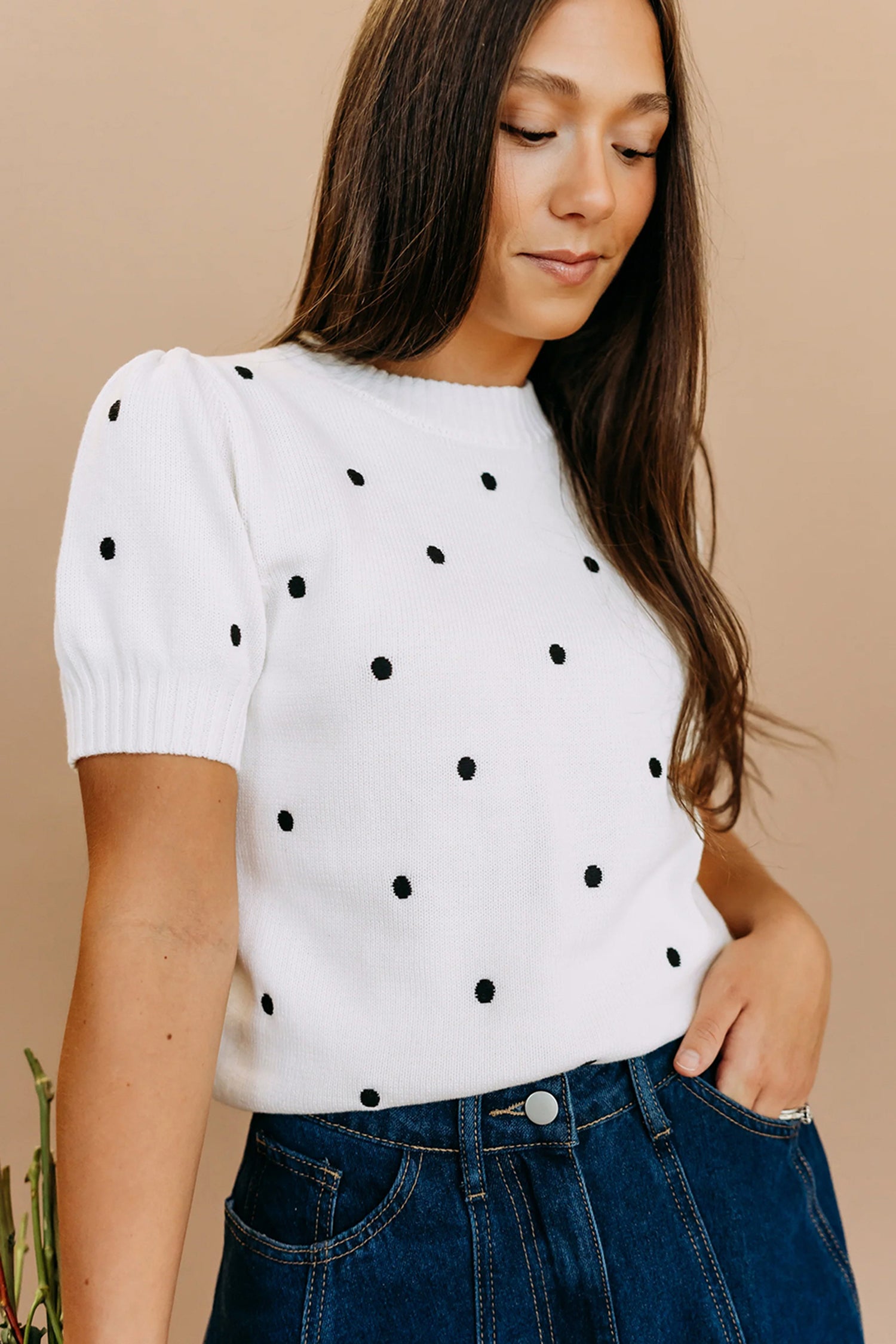Chestnut Elegant Polka Dot Bubble Short Sleeve Sweater