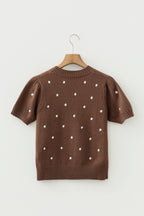 Chestnut Elegant Polka Dot Bubble Short Sleeve Sweater