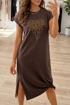 Red Sandalwood Rhinestone Western Graphic Side Slit Midi T-Shirt Dress