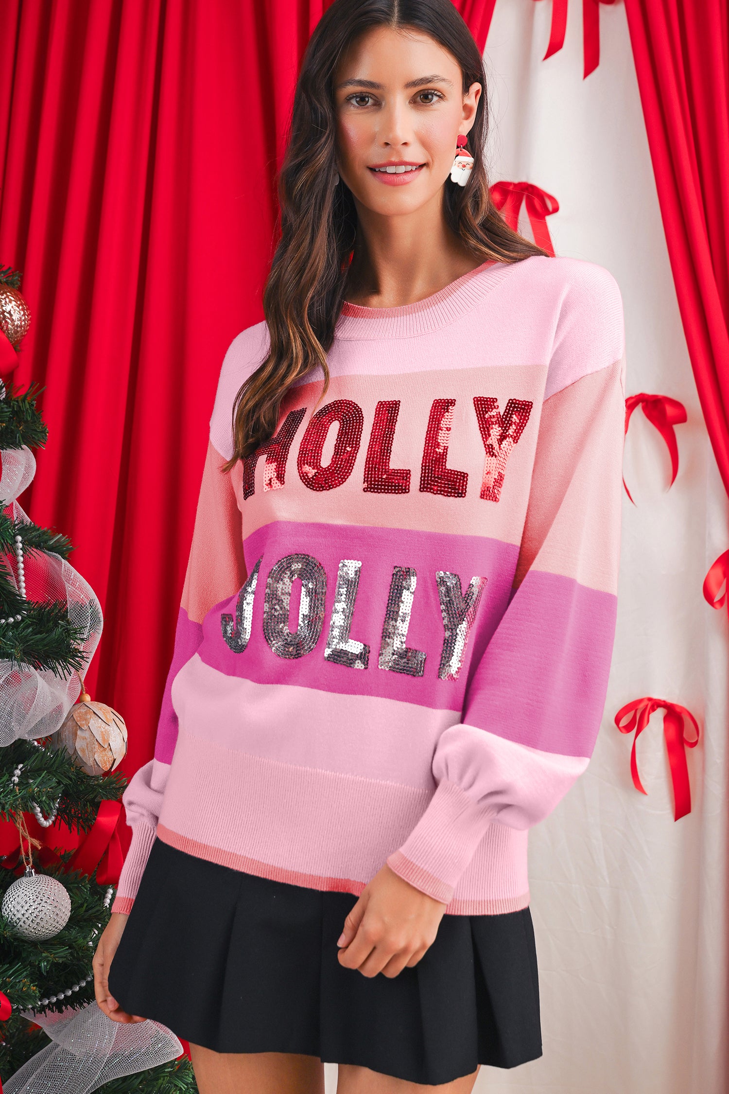 Green HOLLY JOLLY Sequined Colorblock Crew Neck Sweater