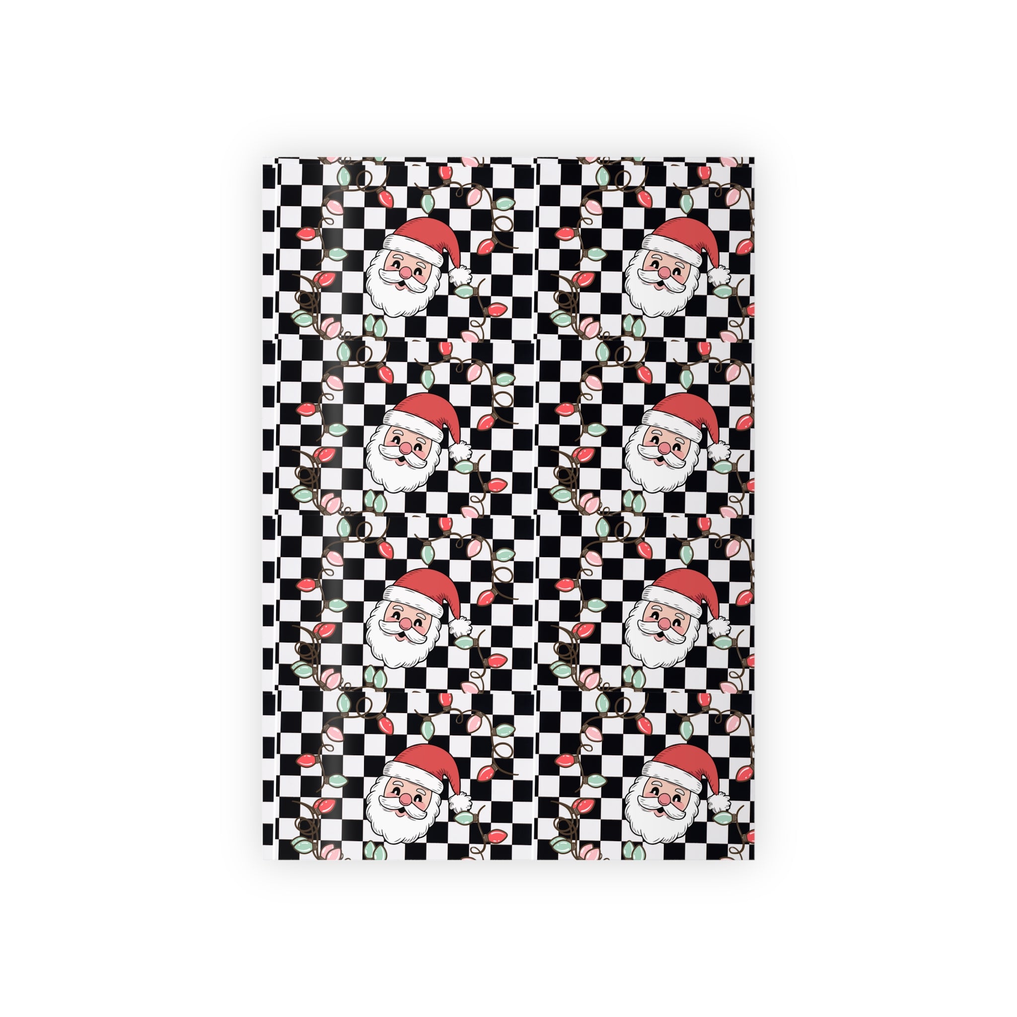 Santa Checkered Wrapping Paper Roll — Holiday Gift Wrap with Retro Santa & Lights