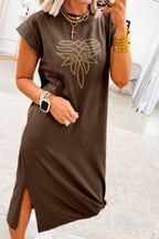 Red Sandalwood Rhinestone Western Graphic Side Slit Midi T-Shirt Dress