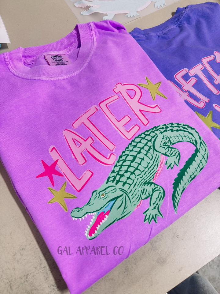 Later While Gator Graphic Tee – Purple Comfort Colors Southern Preppy Alligator Shirt