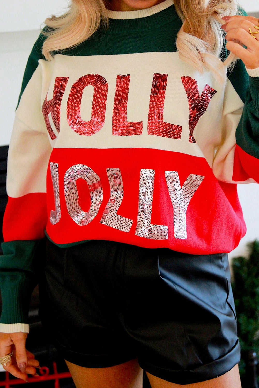 Green HOLLY JOLLY Sequined Colorblock Crew Neck Sweater