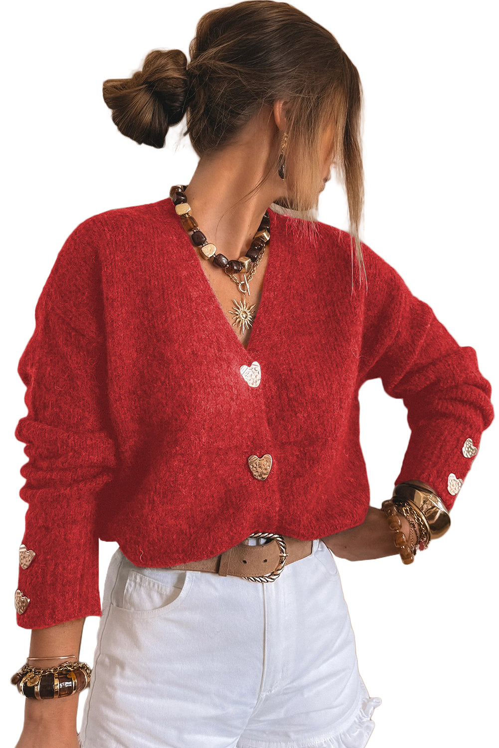 Chicory Coffee V Neck Metallic Heart Button Knit Cardigan