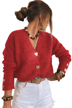 Chicory Coffee V Neck Metallic Heart Button Knit Cardigan