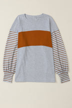 Gray Colorblock Striped Bishop Sleeve Top