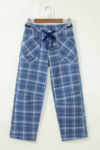 Sky Blue Plaid Denim Grommet Drawstring Waist Ankle-Length Jeans
