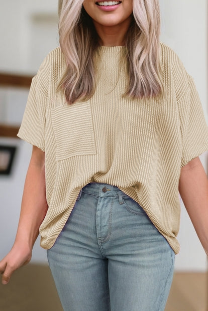 Women Solid Rib Chest Pocket Loose Fit Round Neck Top