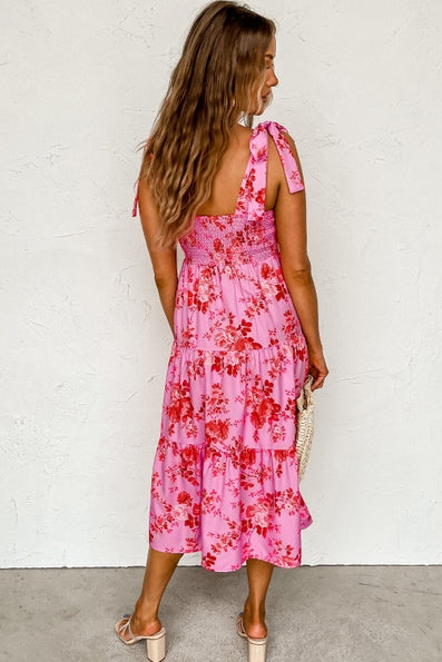 Pink Tie Shoulders Straps Tiered Floral Dress