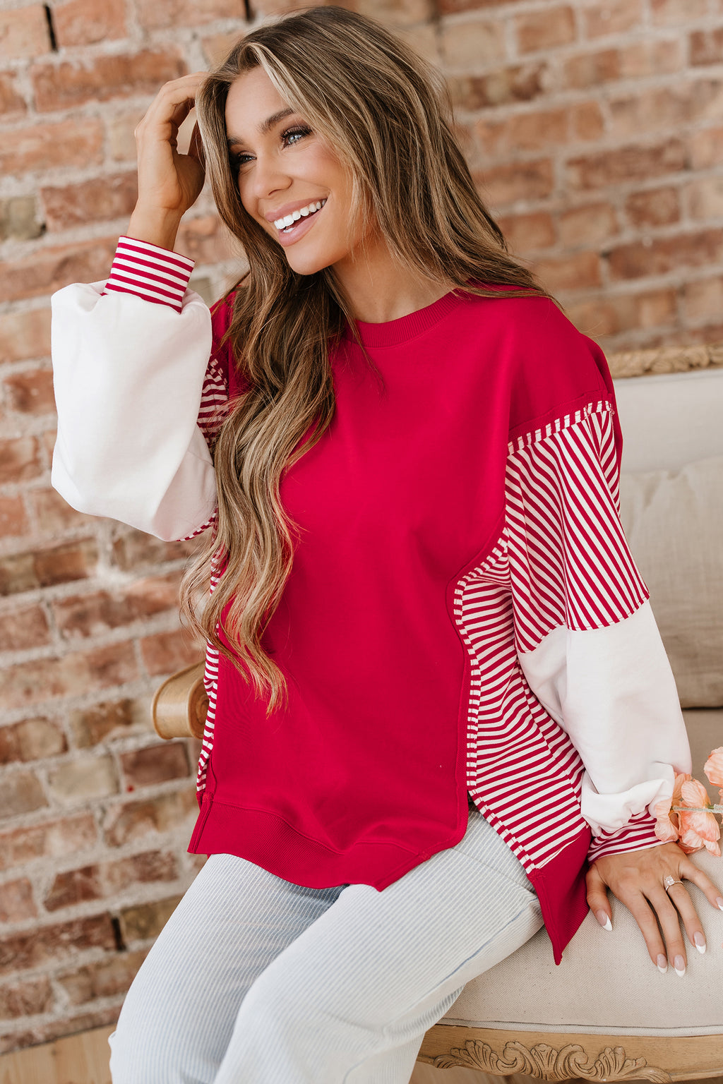 Racing Red Striped Patchwork Sleeve Colorblock Sweatshirt