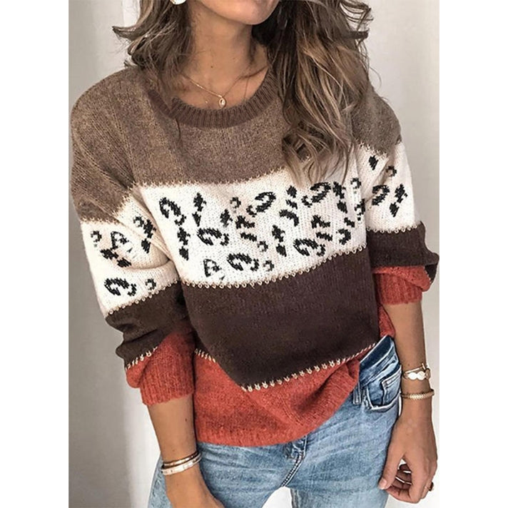 Leopard Print Patchwork Fashion Knit Pullover