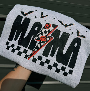 Pumpkin checker lighting bolt mama Tee or Sweatshirt