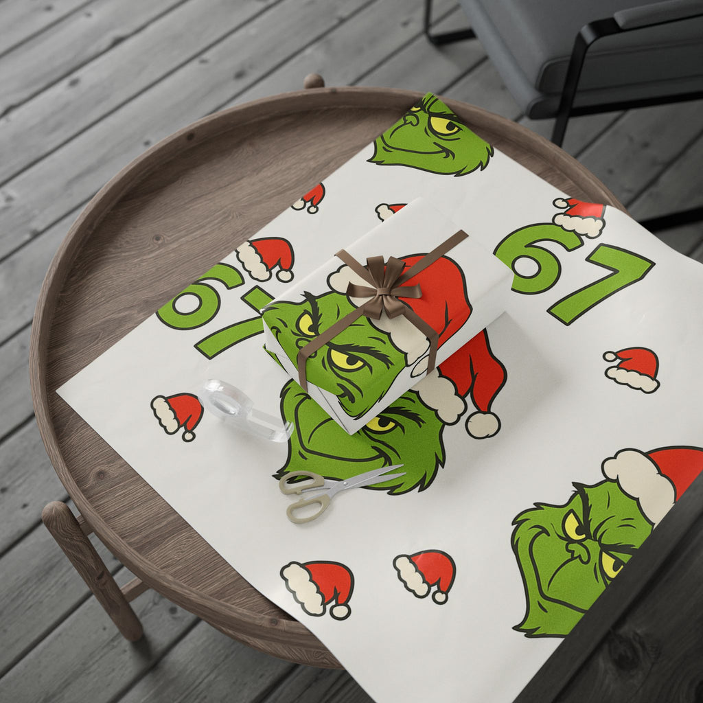 Grinch Face Christmas Wrapping Paper — Festive Santa Hat Gift Wrap with Number 67