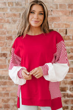 Racing Red Striped Patchwork Sleeve Colorblock Sweatshirt