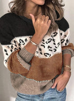 Leopard Print Patchwork Fashion Knit Pullover