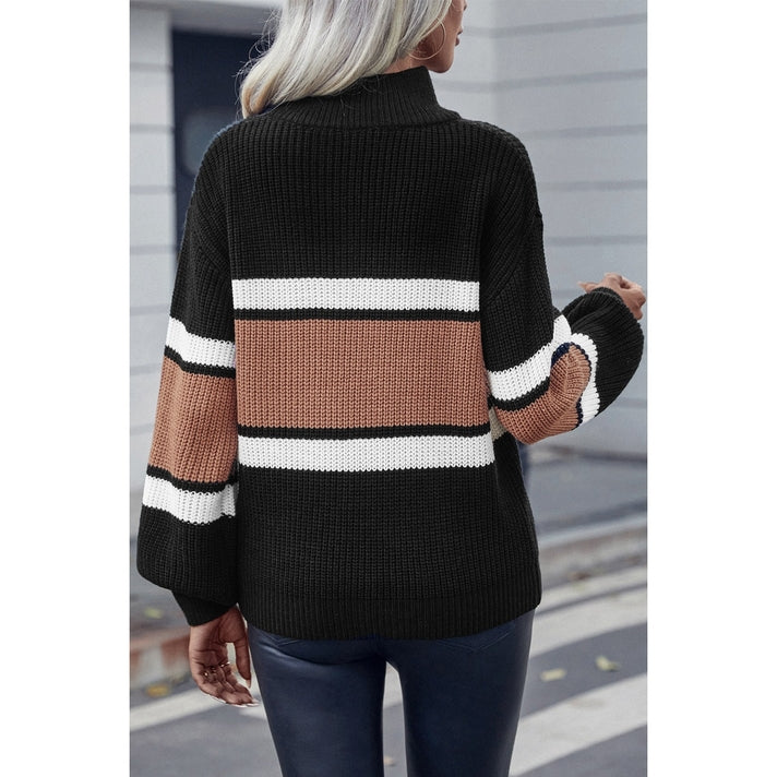 Half Zipper Strip Knit Loose Fit Sweater