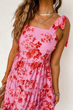 Pink Tie Shoulders Straps Tiered Floral Dress