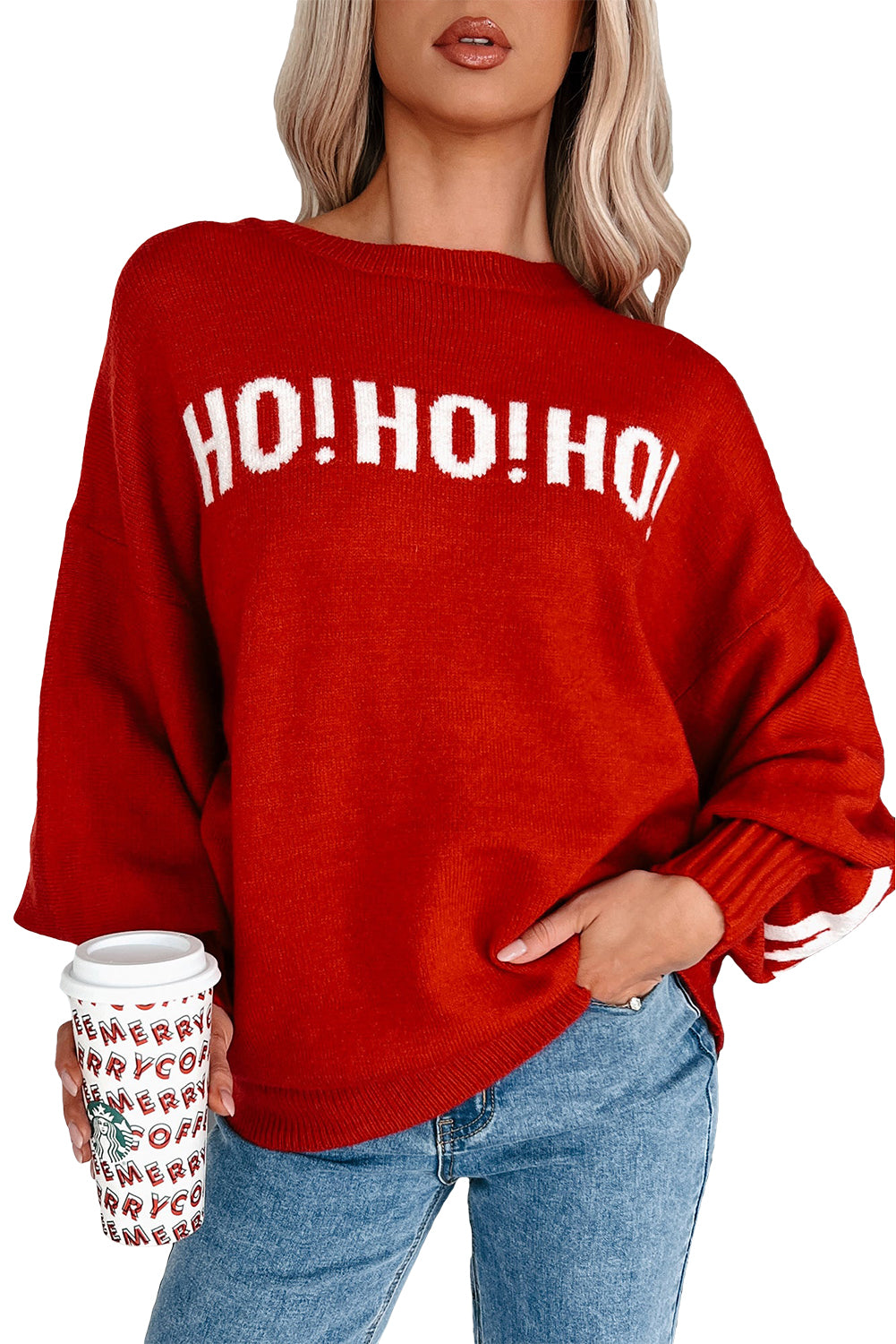 Fiery Red MERRY CHRISTMAS HO HO HO Drop Shoulder Loose Sweater