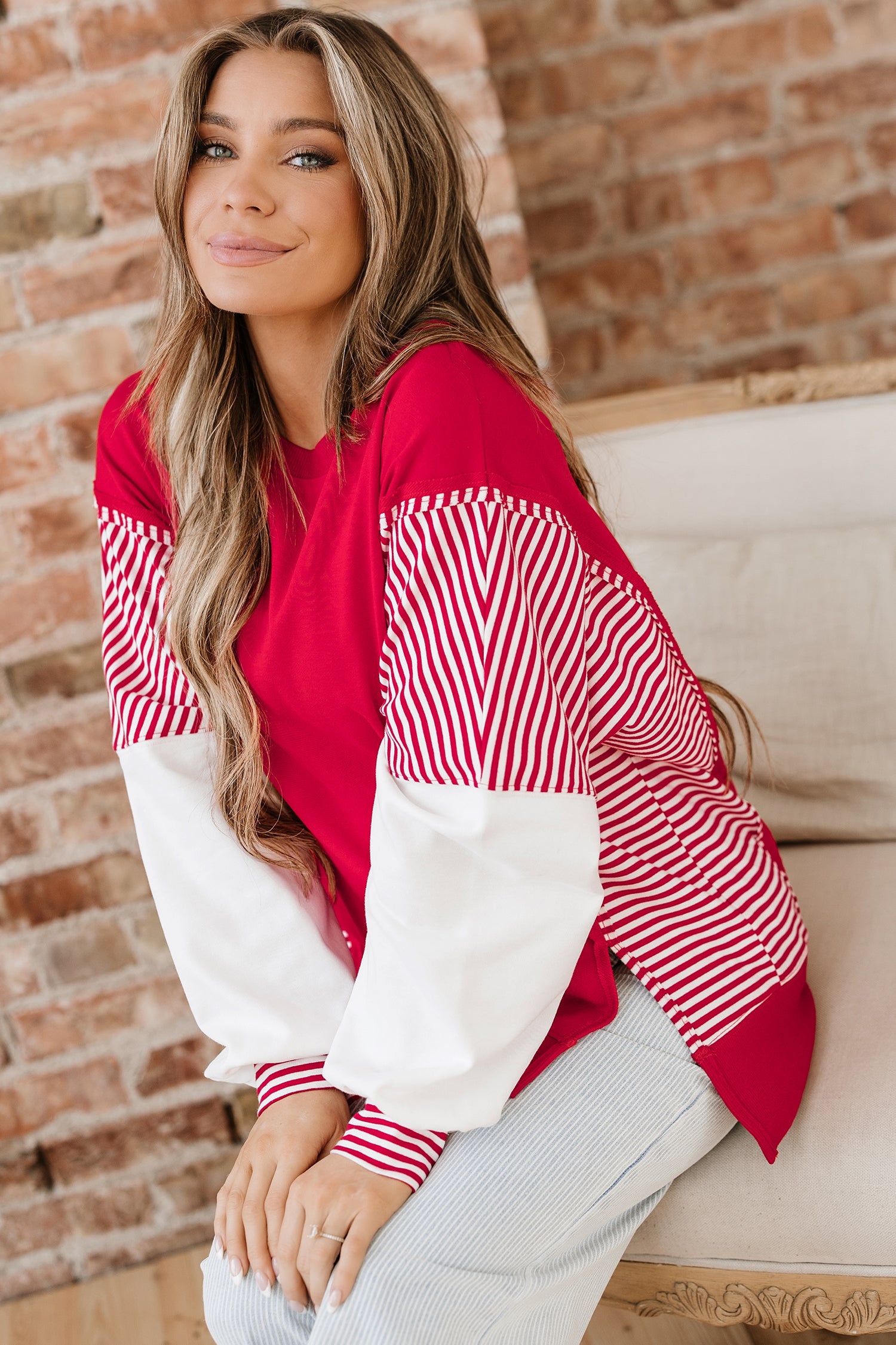 Fiery Red Striped Patchwork Sleeve Colorblock Sweatshirt