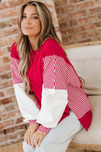 Racing Red Striped Patchwork Sleeve Colorblock Sweatshirt