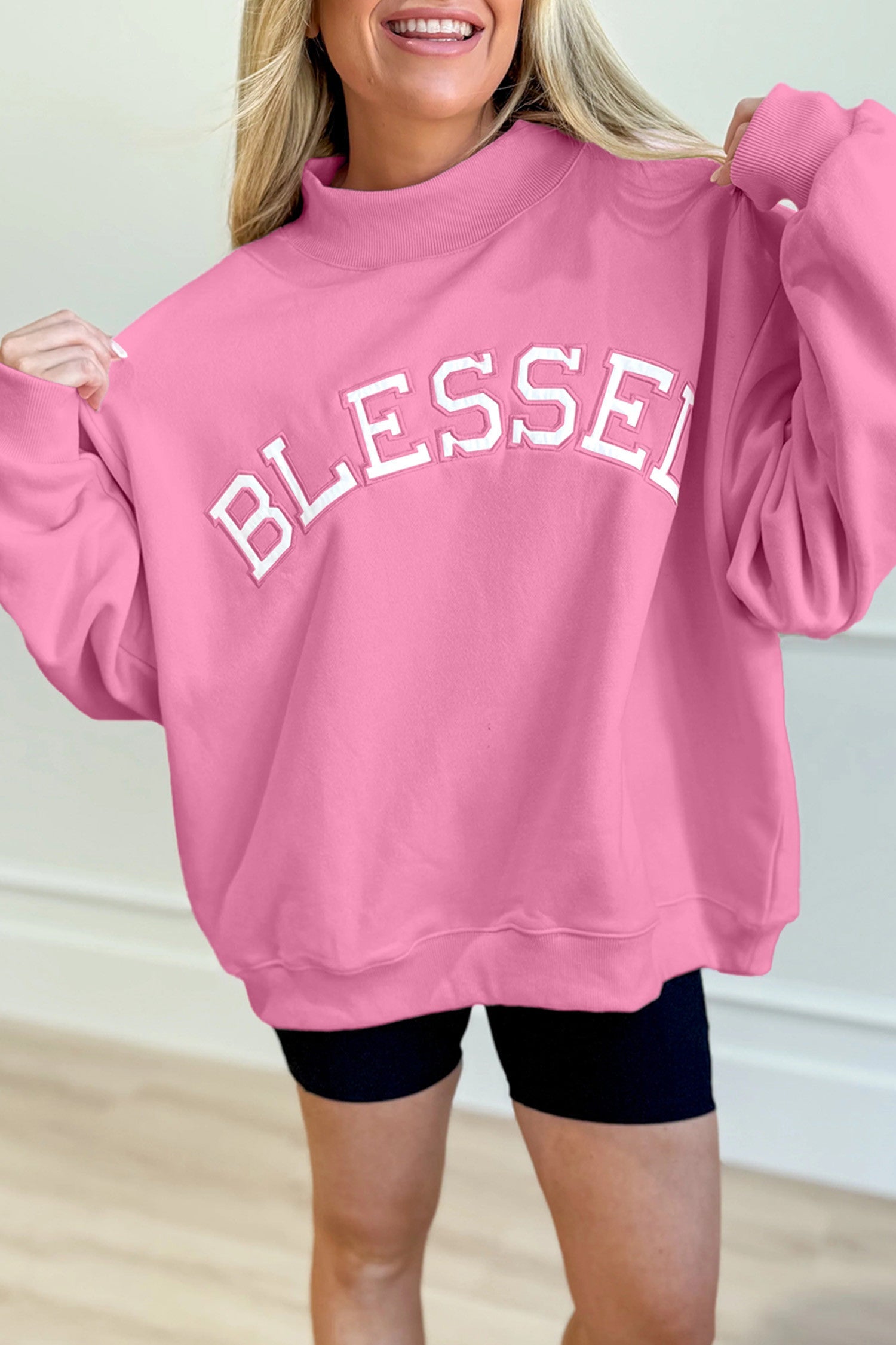 PRE ORDER Bright Pink Oversize Blessed Embroidered Mock Neck Sweatshirt/ ETA 1/18