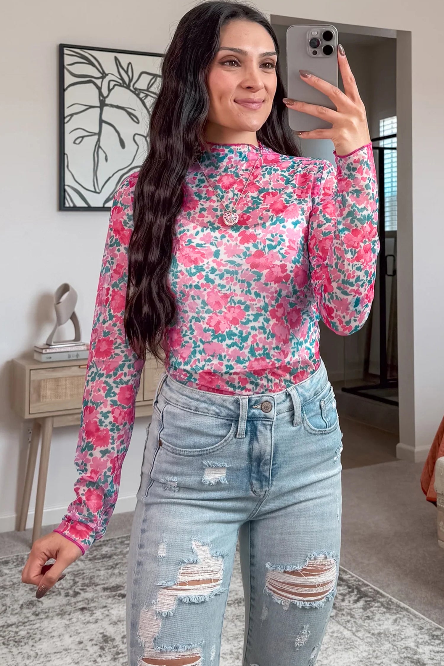 Rose Slim Fit Floral Mesh Long Sleeve Mock Neck Top