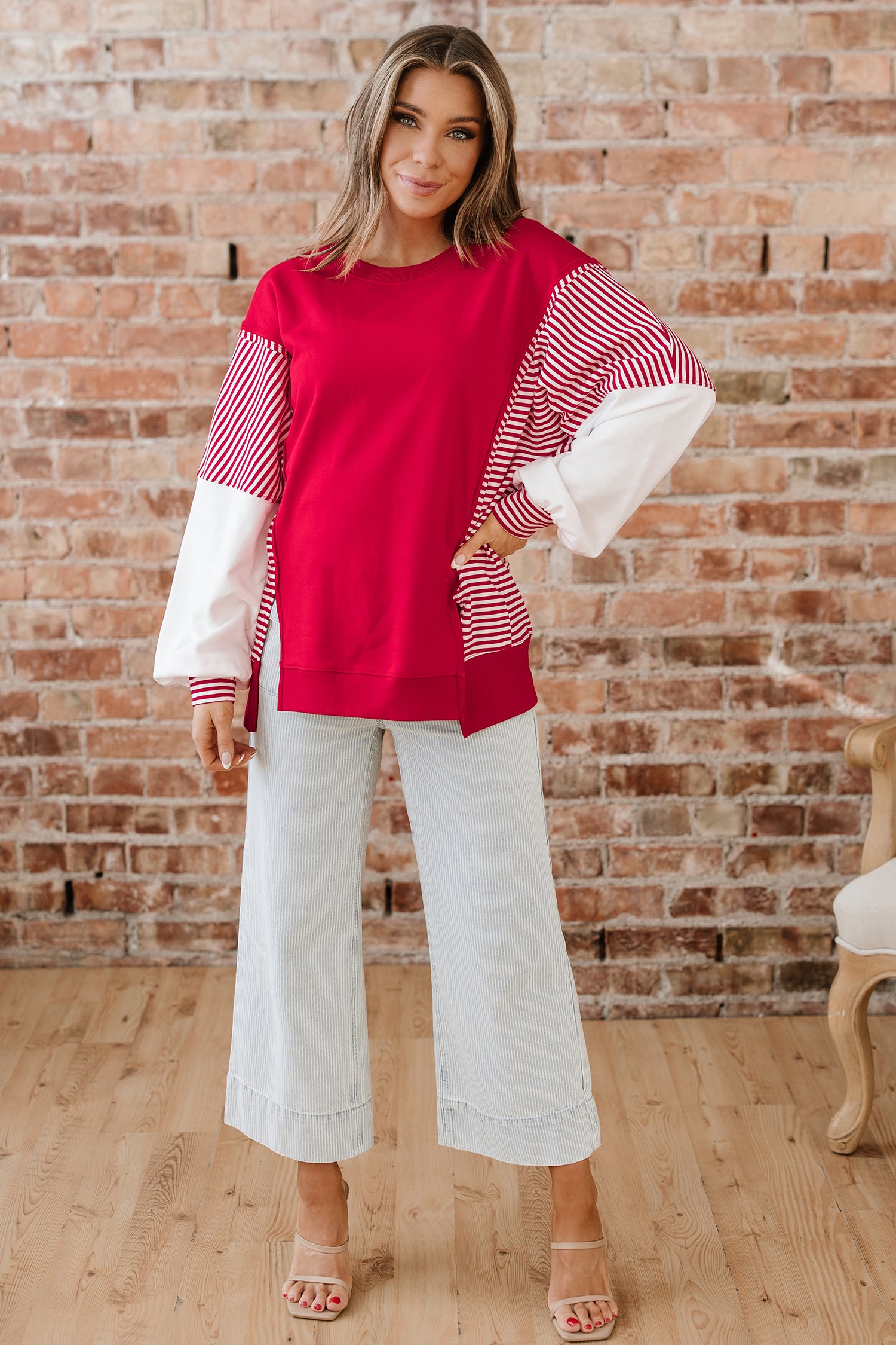 Racing Red Striped Patchwork Sleeve Colorblock Sweatshirt