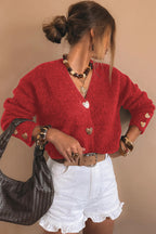 Chicory Coffee V Neck Metallic Heart Button Knit Cardigan