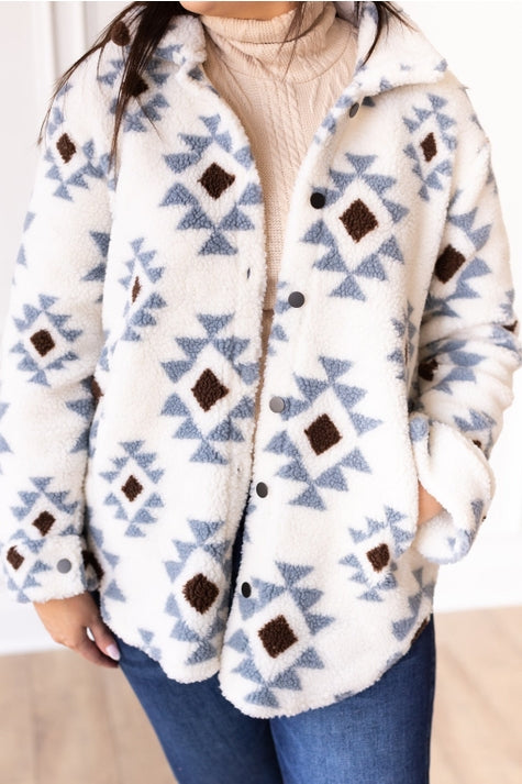 Ivory Aztec Pattern Button Down Sherpa
