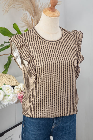 Crew Neck Ruffled Striped Tank Top