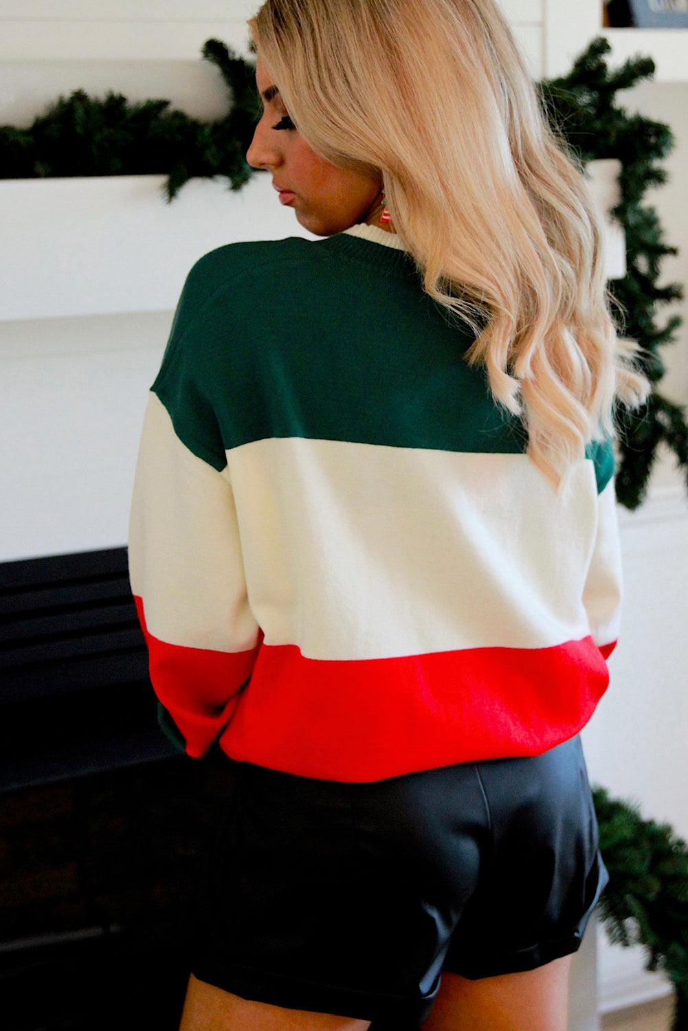 Green HOLLY JOLLY Sequined Colorblock Crew Neck Sweater