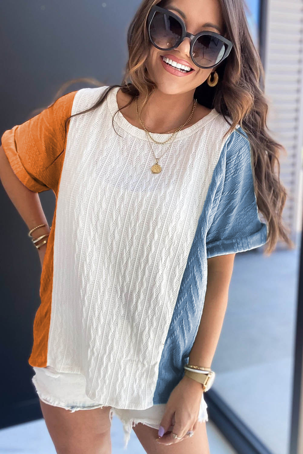 Light Blue Textured Color Block Loose Fit T Shirt