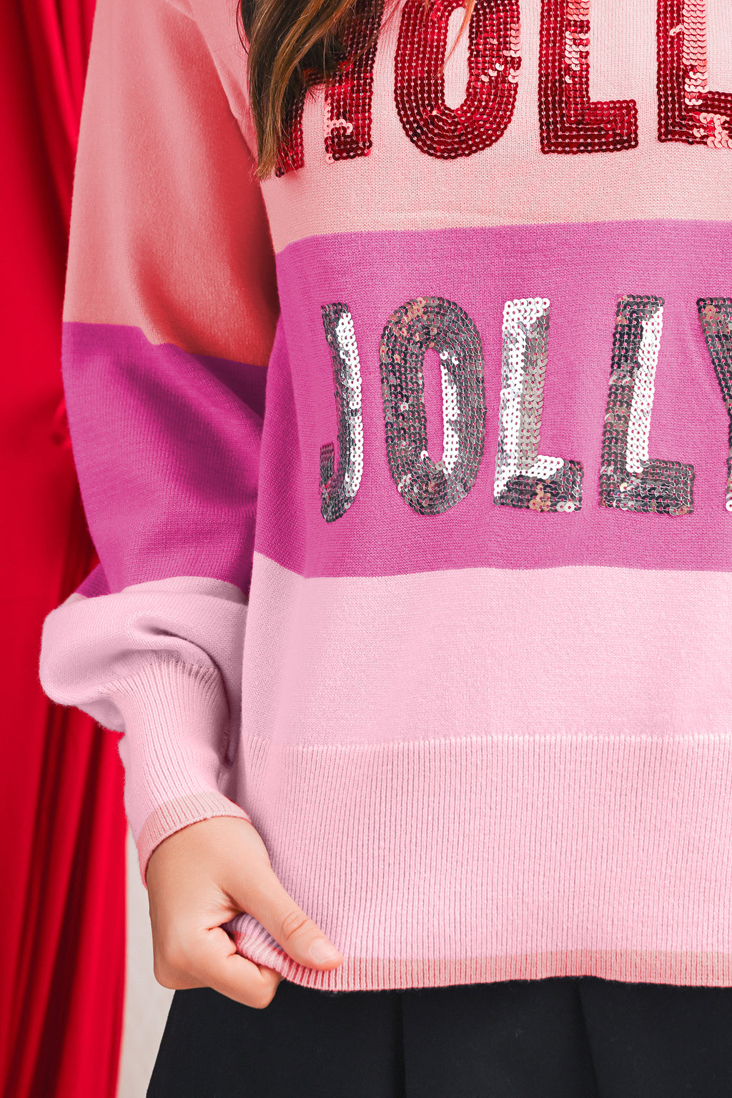 Green HOLLY JOLLY Sequined Colorblock Crew Neck Sweater