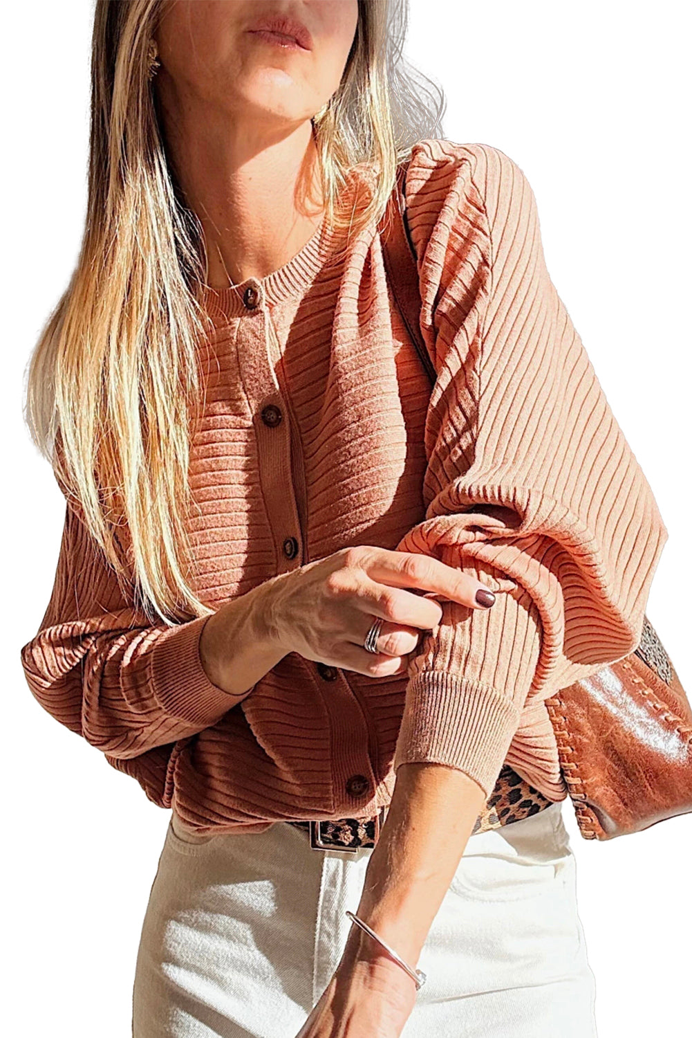 Apricot Pink Rib Knit Button Front Dolman Sleeve Cardigan