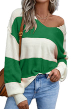Red Stripe Colorblock V Neck Side Slits Sweater
