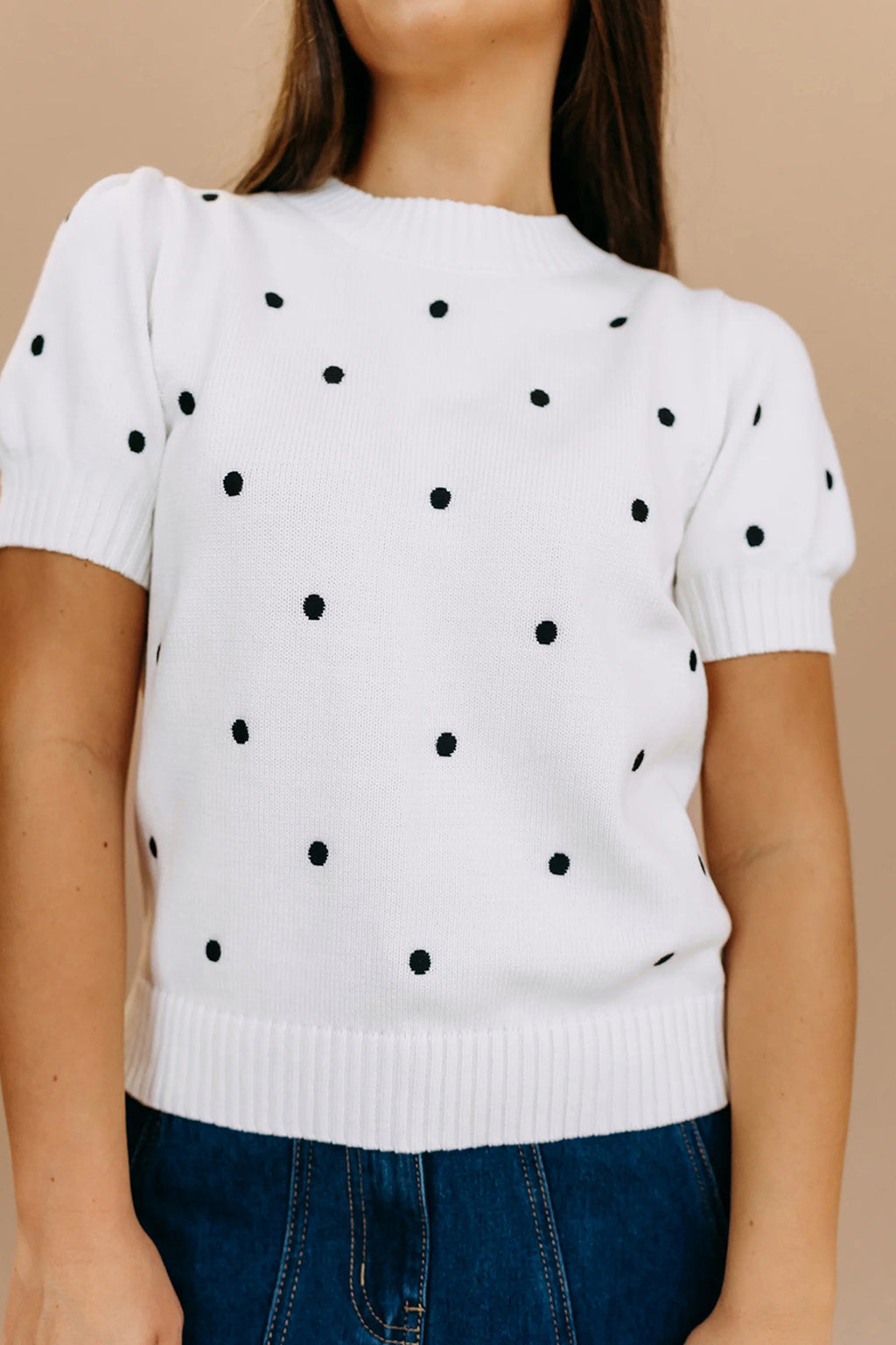 Chestnut Elegant Polka Dot Bubble Short Sleeve Sweater