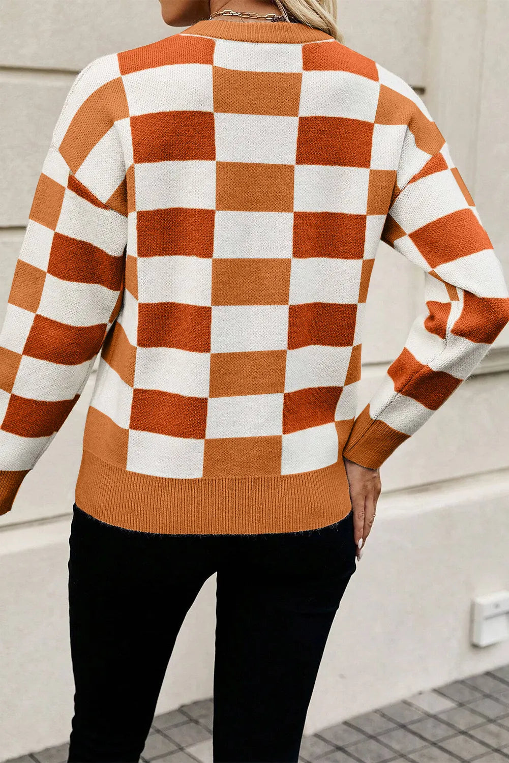 Orange Checkered Ribbed Edge Drop Shoulder Sweater