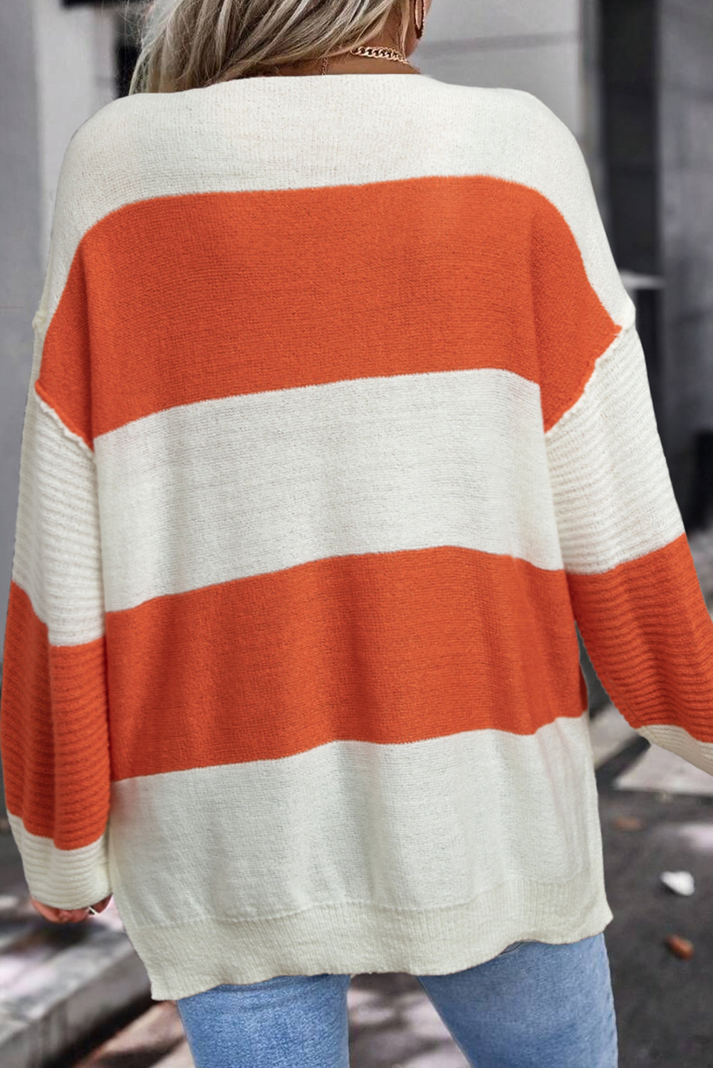 Red Stripe Colorblock V Neck Side Slits Sweater