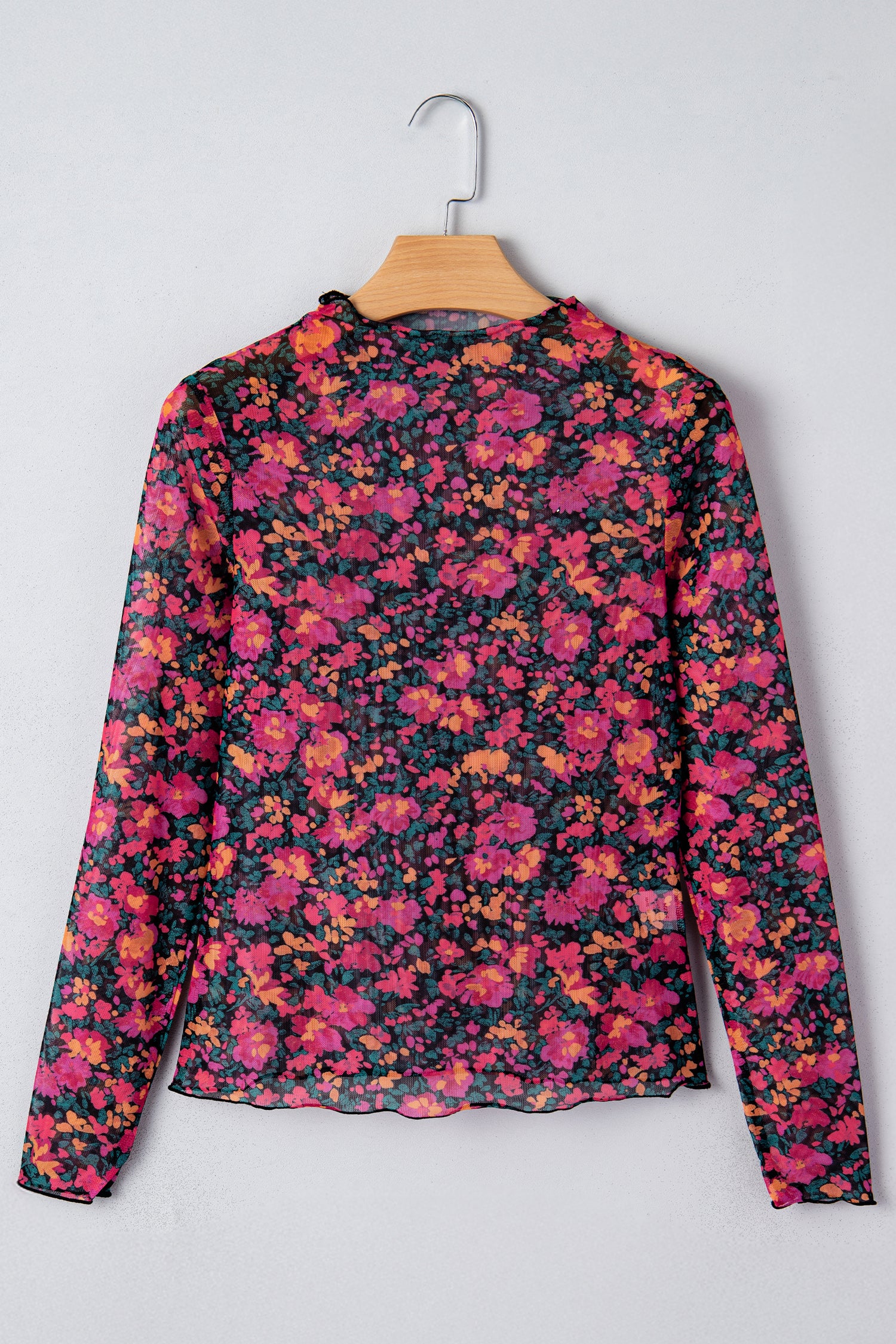 Rose Slim Fit Floral Mesh Long Sleeve Mock Neck Top