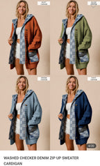 Washed Checkered Denim Zip Up Sweater