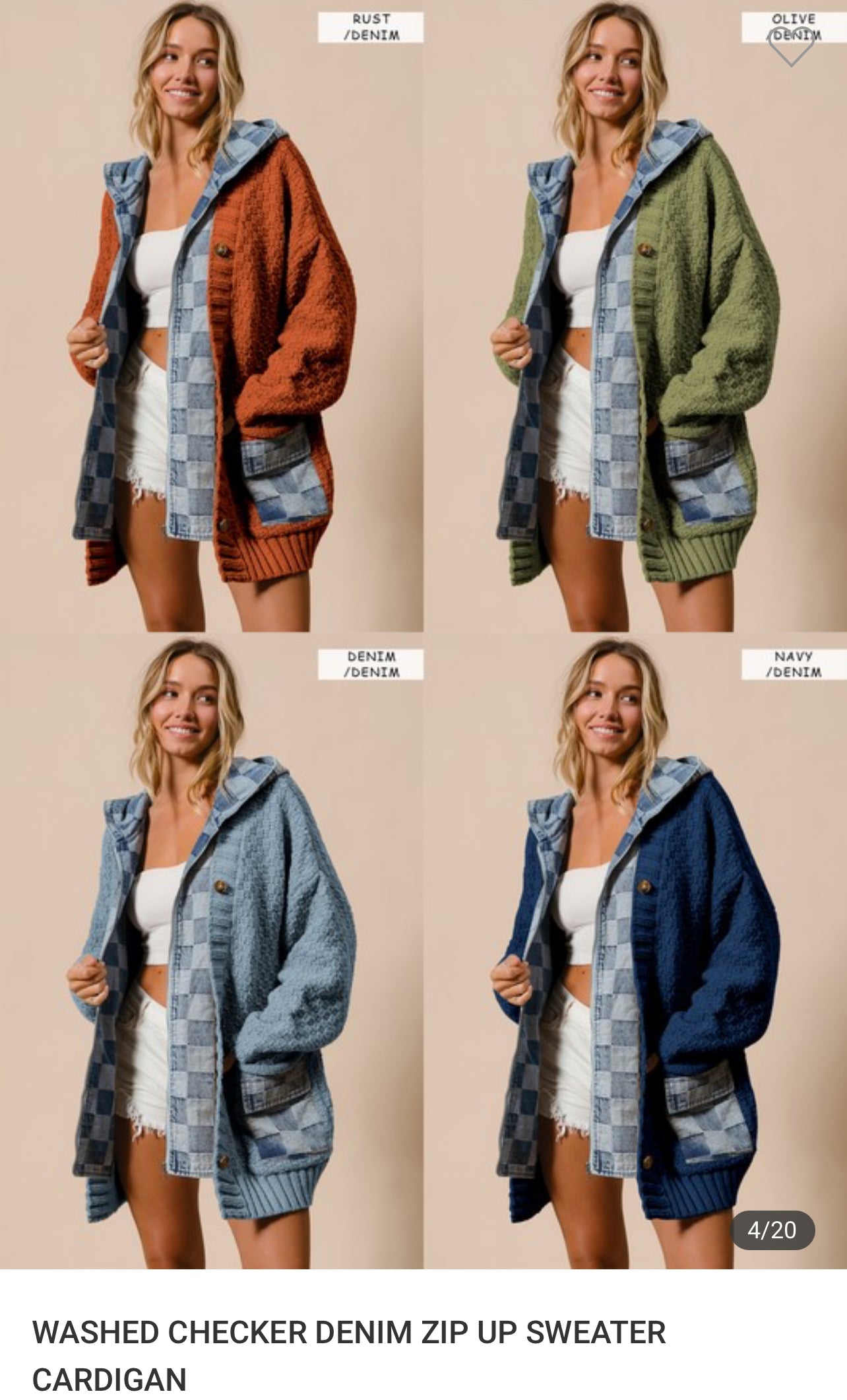 Washed Checkered Denim Zip Up Sweater