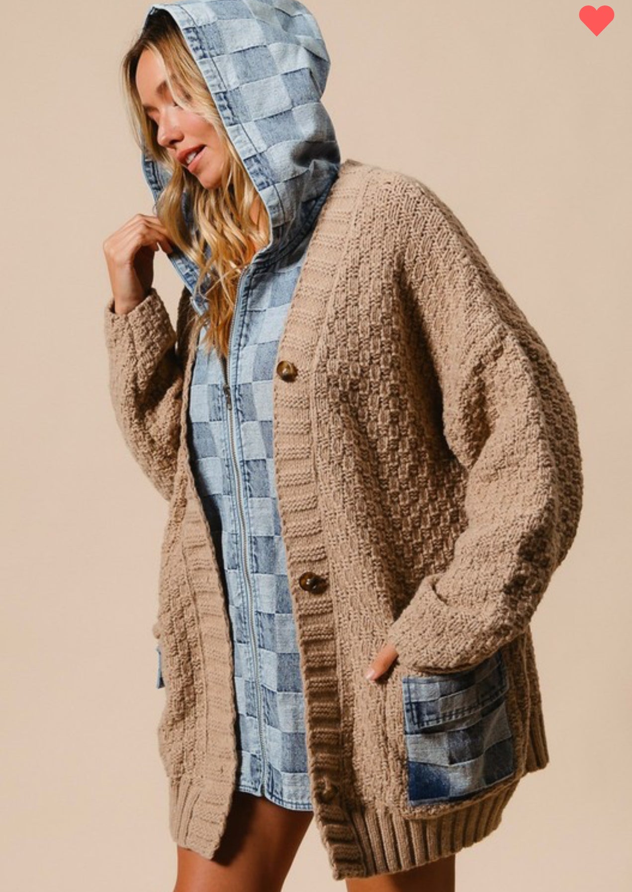 Washed Checkered Denim Zip Up Sweater