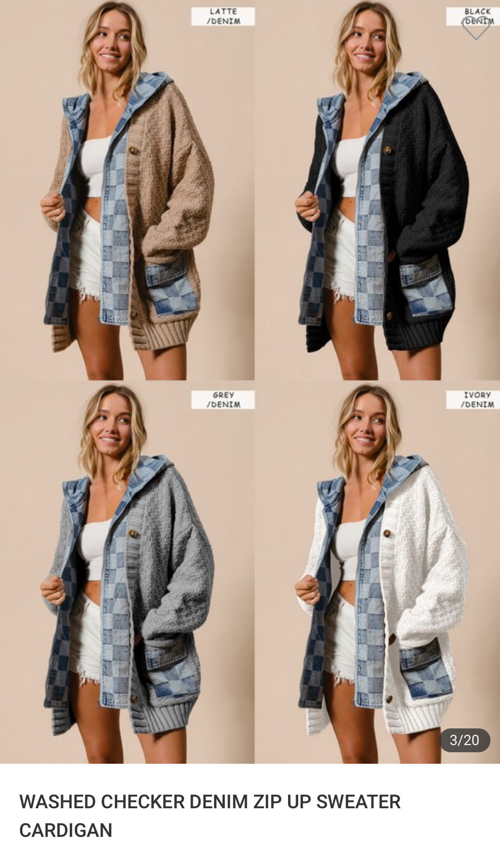 Washed Checkered Denim Zip Up Sweater