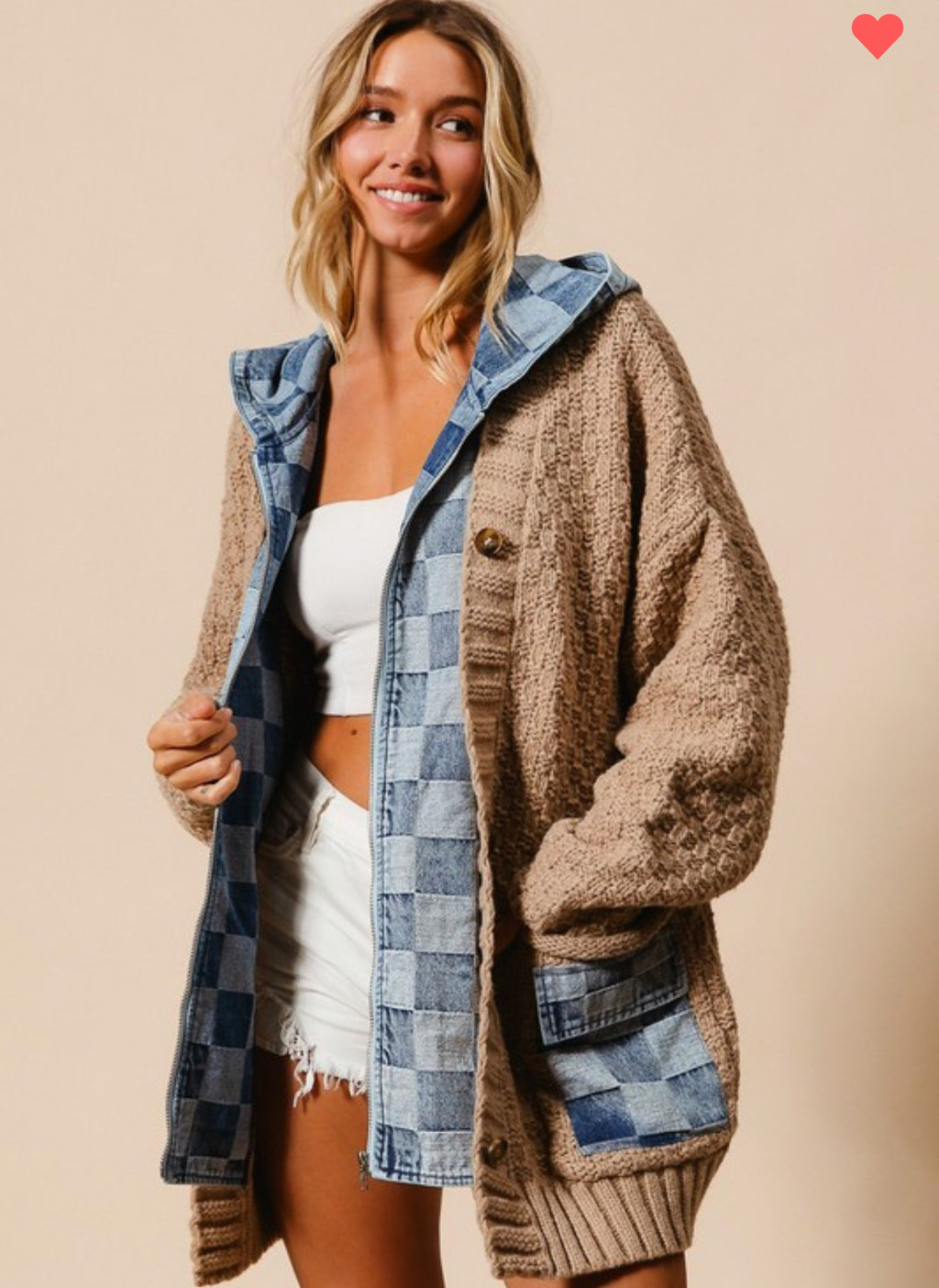 Washed Checkered Denim Zip Up Sweater