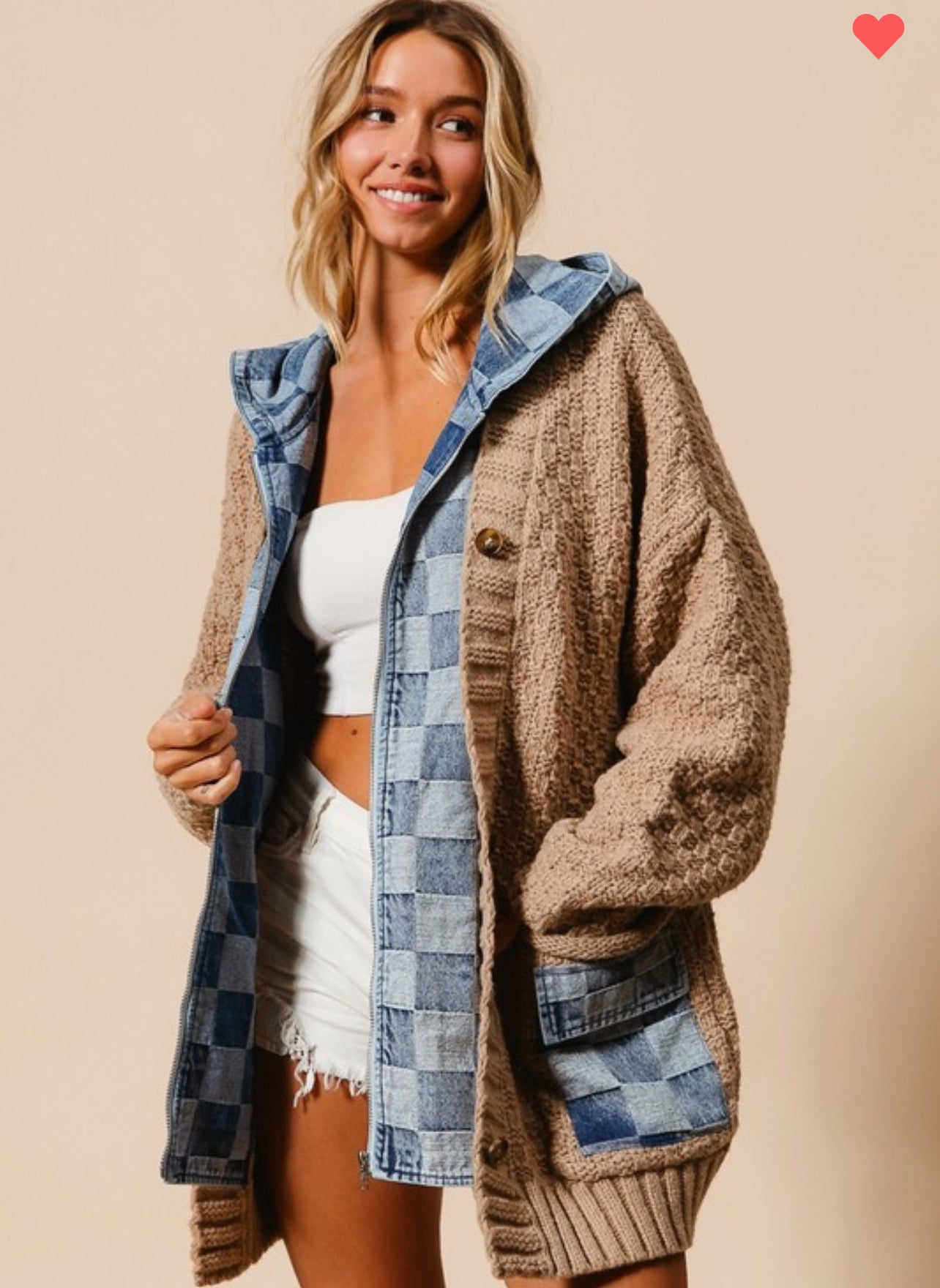 Washed Checkered Denim Zip Up Sweater